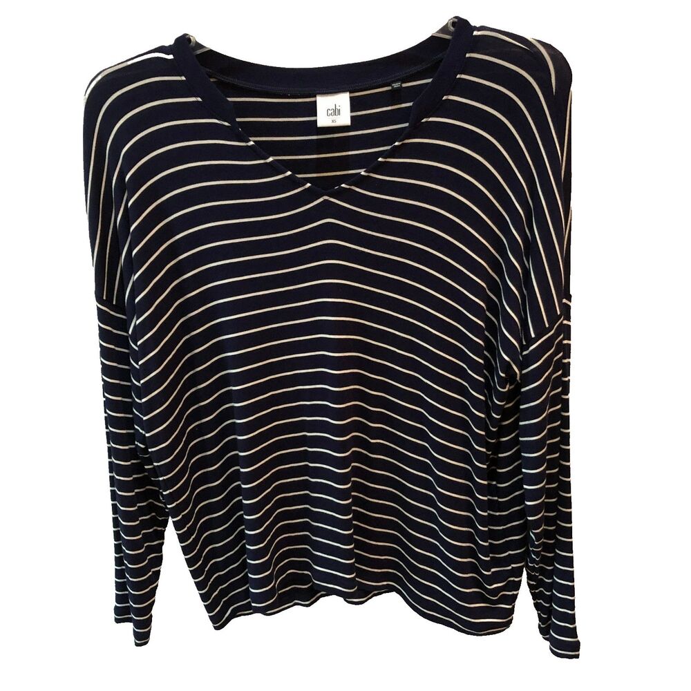 CAbi Ahoy Size XS Navy White Striped V-Neck Long Dolman Sleeve Top Shirt #5556